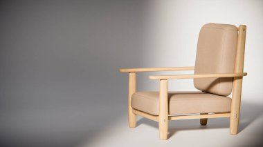 Minimalist ışıklandırmada bej yastıklı modern ahşap koltuk. Mobilya tasarımı, ürün gösterimi ve iç görselleştirme için ideal üç boyutlu tasarım ve mimari modelleme.