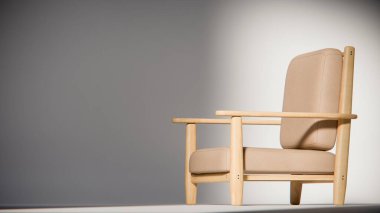 Minimalist ışıklandırmada bej yastıklı modern ahşap koltuk. Mobilya tasarımı, ürün gösterimi ve iç görselleştirme için ideal üç boyutlu tasarım ve mimari modelleme.