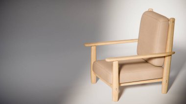 Minimalist ışıklandırmada bej yastıklı modern ahşap koltuk. Mobilya tasarımı, ürün gösterimi ve iç görselleştirme için ideal üç boyutlu tasarım ve mimari modelleme.