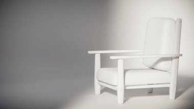 Minimalist ışıklandırmada bej yastıklı modern ahşap koltuk. Mobilya tasarımı, ürün gösterimi ve iç görselleştirme için ideal üç boyutlu tasarım ve mimari modelleme.