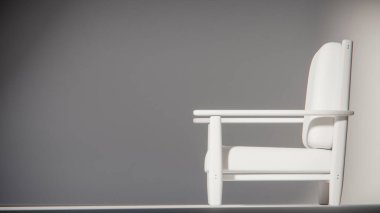 Minimalist ışıklandırmada bej yastıklı modern ahşap koltuk. Mobilya tasarımı, ürün gösterimi ve iç görselleştirme için ideal üç boyutlu tasarım ve mimari modelleme.