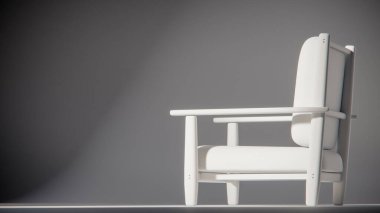 Minimalist ışıklandırmada bej yastıklı modern ahşap koltuk. Mobilya tasarımı, ürün gösterimi ve iç görselleştirme için ideal üç boyutlu tasarım ve mimari modelleme.