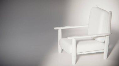 Minimalist ışıklandırmada bej yastıklı modern ahşap koltuk. Mobilya tasarımı, ürün gösterimi ve iç görselleştirme için ideal üç boyutlu tasarım ve mimari modelleme.