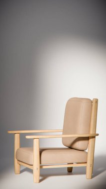 Minimalist ışıklandırmada bej yastıklı modern ahşap koltuk. Mobilya tasarımı, ürün gösterimi ve iç görselleştirme için ideal üç boyutlu tasarım ve mimari modelleme.