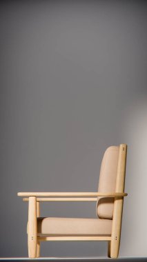 Minimalist ışıklandırmada bej yastıklı modern ahşap koltuk. Mobilya tasarımı, ürün gösterimi ve iç görselleştirme için ideal üç boyutlu tasarım ve mimari modelleme.