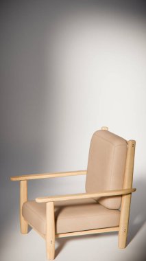 Minimalist ışıklandırmada bej yastıklı modern ahşap koltuk. Mobilya tasarımı, ürün gösterimi ve iç görselleştirme için ideal üç boyutlu tasarım ve mimari modelleme.