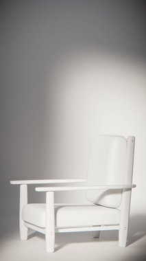 Minimalist ışıklandırmada bej yastıklı modern ahşap koltuk. Mobilya tasarımı, ürün gösterimi ve iç görselleştirme için ideal üç boyutlu tasarım ve mimari modelleme.