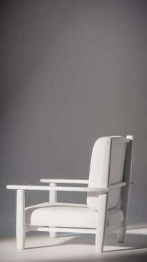 Minimalist ışıklandırmada bej yastıklı modern ahşap koltuk. Mobilya tasarımı, ürün gösterimi ve iç görselleştirme için ideal üç boyutlu tasarım ve mimari modelleme.