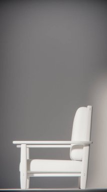 Minimalist ışıklandırmada bej yastıklı modern ahşap koltuk. Mobilya tasarımı, ürün gösterimi ve iç görselleştirme için ideal üç boyutlu tasarım ve mimari modelleme.