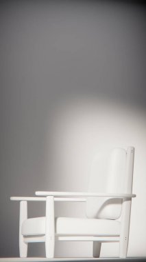 Minimalist ışıklandırmada bej yastıklı modern ahşap koltuk. Mobilya tasarımı, ürün gösterimi ve iç görselleştirme için ideal üç boyutlu tasarım ve mimari modelleme.