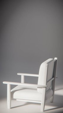 Minimalist ışıklandırmada bej yastıklı modern ahşap koltuk. Mobilya tasarımı, ürün gösterimi ve iç görselleştirme için ideal üç boyutlu tasarım ve mimari modelleme.