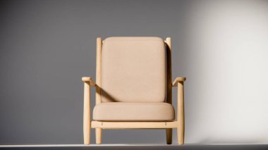 Minimalist ışıklandırmada bej yastıklı modern ahşap koltuk. Mobilya tasarımı, ürün gösterimi ve iç görselleştirme için ideal üç boyutlu tasarım ve mimari modelleme.