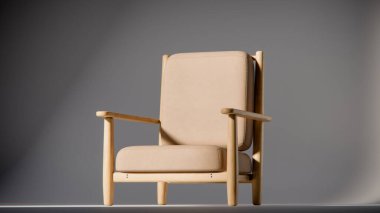 Minimalist ışıklandırmada bej yastıklı modern ahşap koltuk. Mobilya tasarımı, ürün gösterimi ve iç görselleştirme için ideal üç boyutlu tasarım ve mimari modelleme.