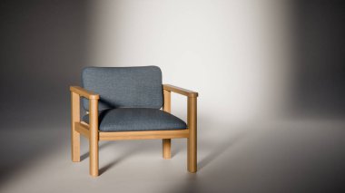Sönük mavi minimalist sandalyenin 3 boyutlu görüntüsü. Temiz çizgiler ve yumuşak ışıklandırma. Ürün gösterimi, iç tasarım, mobilya modellemeleri ve modern görselleştirmeler için ideal.
