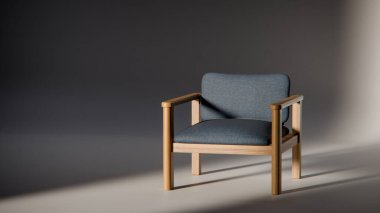 Sönük mavi minimalist sandalyenin 3 boyutlu görüntüsü. Temiz çizgiler ve yumuşak ışıklandırma. Ürün gösterimi, iç tasarım, mobilya modellemeleri ve modern görselleştirmeler için ideal.