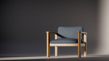 Sönük mavi minimalist sandalyenin 3 boyutlu görüntüsü. Temiz çizgiler ve yumuşak ışıklandırma. Ürün gösterimi, iç tasarım, mobilya modellemeleri ve modern görselleştirmeler için ideal.
