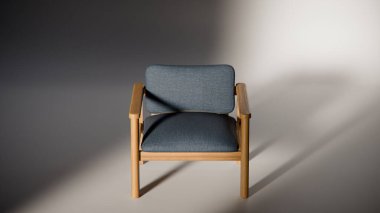 Sönük mavi minimalist sandalyenin 3 boyutlu görüntüsü. Temiz çizgiler ve yumuşak ışıklandırma. Ürün gösterimi, iç tasarım, mobilya modellemeleri ve modern görselleştirmeler için ideal.