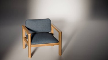 Sönük mavi minimalist sandalyenin 3 boyutlu görüntüsü. Temiz çizgiler ve yumuşak ışıklandırma. Ürün gösterimi, iç tasarım, mobilya modellemeleri ve modern görselleştirmeler için ideal.