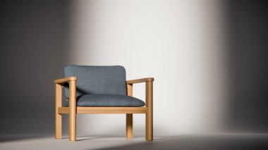 Sönük mavi minimalist sandalyenin 3 boyutlu görüntüsü. Temiz çizgiler ve yumuşak ışıklandırma. Ürün gösterimi, iç tasarım, mobilya modellemeleri ve modern görselleştirmeler için ideal.