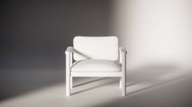 Sönük mavi minimalist sandalyenin 3 boyutlu görüntüsü. Temiz çizgiler ve yumuşak ışıklandırma. Ürün gösterimi, iç tasarım, mobilya modellemeleri ve modern görselleştirmeler için ideal.