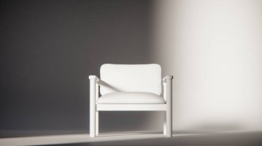 Sönük mavi minimalist sandalyenin 3 boyutlu görüntüsü. Temiz çizgiler ve yumuşak ışıklandırma. Ürün gösterimi, iç tasarım, mobilya modellemeleri ve modern görselleştirmeler için ideal.