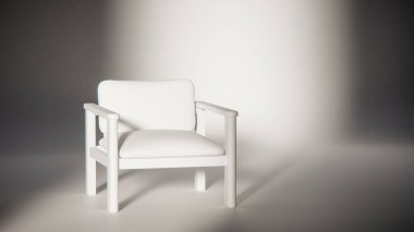 Sönük mavi minimalist sandalyenin 3 boyutlu görüntüsü. Temiz çizgiler ve yumuşak ışıklandırma. Ürün gösterimi, iç tasarım, mobilya modellemeleri ve modern görselleştirmeler için ideal.