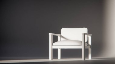 Sönük mavi minimalist sandalyenin 3 boyutlu görüntüsü. Temiz çizgiler ve yumuşak ışıklandırma. Ürün gösterimi, iç tasarım, mobilya modellemeleri ve modern görselleştirmeler için ideal.