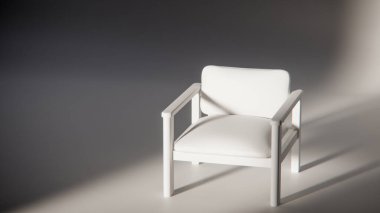 Sönük mavi minimalist sandalyenin 3 boyutlu görüntüsü. Temiz çizgiler ve yumuşak ışıklandırma. Ürün gösterimi, iç tasarım, mobilya modellemeleri ve modern görselleştirmeler için ideal.