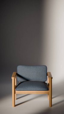 Sönük mavi minimalist sandalyenin 3 boyutlu görüntüsü. Temiz çizgiler ve yumuşak ışıklandırma. Ürün gösterimi, iç tasarım, mobilya modellemeleri ve modern görselleştirmeler için ideal.