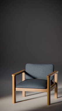 Sönük mavi minimalist sandalyenin 3 boyutlu görüntüsü. Temiz çizgiler ve yumuşak ışıklandırma. Ürün gösterimi, iç tasarım, mobilya modellemeleri ve modern görselleştirmeler için ideal.