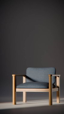 Sönük mavi minimalist sandalyenin 3 boyutlu görüntüsü. Temiz çizgiler ve yumuşak ışıklandırma. Ürün gösterimi, iç tasarım, mobilya modellemeleri ve modern görselleştirmeler için ideal.