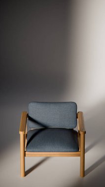 Sönük mavi minimalist sandalyenin 3 boyutlu görüntüsü. Temiz çizgiler ve yumuşak ışıklandırma. Ürün gösterimi, iç tasarım, mobilya modellemeleri ve modern görselleştirmeler için ideal.