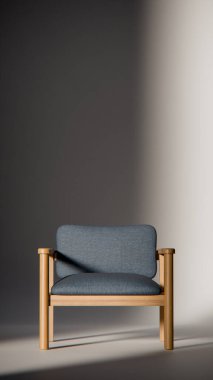 Sönük mavi minimalist sandalyenin 3 boyutlu görüntüsü. Temiz çizgiler ve yumuşak ışıklandırma. Ürün gösterimi, iç tasarım, mobilya modellemeleri ve modern görselleştirmeler için ideal.