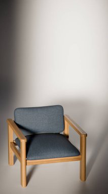 Sönük mavi minimalist sandalyenin 3 boyutlu görüntüsü. Temiz çizgiler ve yumuşak ışıklandırma. Ürün gösterimi, iç tasarım, mobilya modellemeleri ve modern görselleştirmeler için ideal.