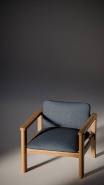 Sönük mavi minimalist sandalyenin 3 boyutlu görüntüsü. Temiz çizgiler ve yumuşak ışıklandırma. Ürün gösterimi, iç tasarım, mobilya modellemeleri ve modern görselleştirmeler için ideal.