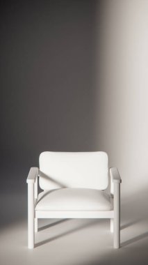 Sönük mavi minimalist sandalyenin 3 boyutlu görüntüsü. Temiz çizgiler ve yumuşak ışıklandırma. Ürün gösterimi, iç tasarım, mobilya modellemeleri ve modern görselleştirmeler için ideal.