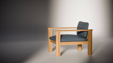 Sönük mavi minimalist sandalyenin 3 boyutlu görüntüsü. Temiz çizgiler ve yumuşak ışıklandırma. Ürün gösterimi, iç tasarım, mobilya modellemeleri ve modern görselleştirmeler için ideal.