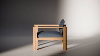 Sönük mavi minimalist sandalyenin 3 boyutlu görüntüsü. Temiz çizgiler ve yumuşak ışıklandırma. Ürün gösterimi, iç tasarım, mobilya modellemeleri ve modern görselleştirmeler için ideal.