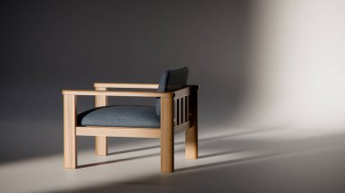 Sönük mavi minimalist sandalyenin 3 boyutlu görüntüsü. Temiz çizgiler ve yumuşak ışıklandırma. Ürün gösterimi, iç tasarım, mobilya modellemeleri ve modern görselleştirmeler için ideal.
