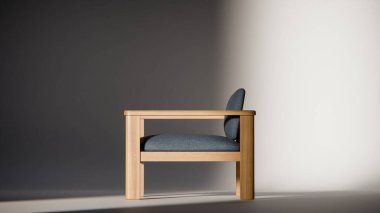 Sönük mavi minimalist sandalyenin 3 boyutlu görüntüsü. Temiz çizgiler ve yumuşak ışıklandırma. Ürün gösterimi, iç tasarım, mobilya modellemeleri ve modern görselleştirmeler için ideal.
