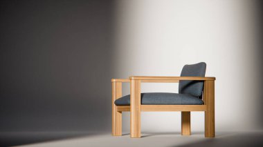 Sönük mavi minimalist sandalyenin 3 boyutlu görüntüsü. Temiz çizgiler ve yumuşak ışıklandırma. Ürün gösterimi, iç tasarım, mobilya modellemeleri ve modern görselleştirmeler için ideal.