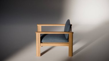 Sönük mavi minimalist sandalyenin 3 boyutlu görüntüsü. Temiz çizgiler ve yumuşak ışıklandırma. Ürün gösterimi, iç tasarım, mobilya modellemeleri ve modern görselleştirmeler için ideal.