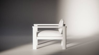 Sönük mavi minimalist sandalyenin 3 boyutlu görüntüsü. Temiz çizgiler ve yumuşak ışıklandırma. Ürün gösterimi, iç tasarım, mobilya modellemeleri ve modern görselleştirmeler için ideal.