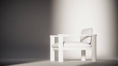 Sönük mavi minimalist sandalyenin 3 boyutlu görüntüsü. Temiz çizgiler ve yumuşak ışıklandırma. Ürün gösterimi, iç tasarım, mobilya modellemeleri ve modern görselleştirmeler için ideal.