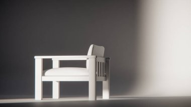 Sönük mavi minimalist sandalyenin 3 boyutlu görüntüsü. Temiz çizgiler ve yumuşak ışıklandırma. Ürün gösterimi, iç tasarım, mobilya modellemeleri ve modern görselleştirmeler için ideal.