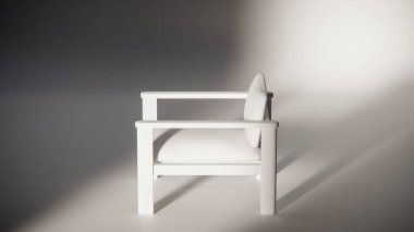 Sönük mavi minimalist sandalyenin 3 boyutlu görüntüsü. Temiz çizgiler ve yumuşak ışıklandırma. Ürün gösterimi, iç tasarım, mobilya modellemeleri ve modern görselleştirmeler için ideal.