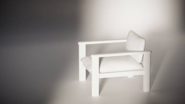 Sönük mavi minimalist sandalyenin 3 boyutlu görüntüsü. Temiz çizgiler ve yumuşak ışıklandırma. Ürün gösterimi, iç tasarım, mobilya modellemeleri ve modern görselleştirmeler için ideal.