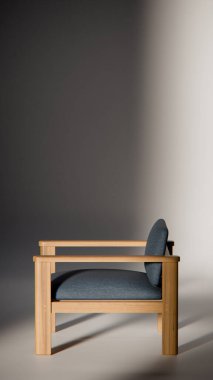Sönük mavi minimalist sandalyenin 3 boyutlu görüntüsü. Temiz çizgiler ve yumuşak ışıklandırma. Ürün gösterimi, iç tasarım, mobilya modellemeleri ve modern görselleştirmeler için ideal.
