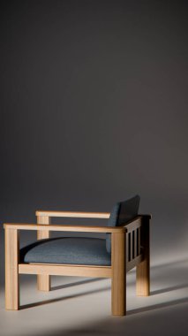 Sönük mavi minimalist sandalyenin 3 boyutlu görüntüsü. Temiz çizgiler ve yumuşak ışıklandırma. Ürün gösterimi, iç tasarım, mobilya modellemeleri ve modern görselleştirmeler için ideal.