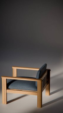 Sönük mavi minimalist sandalyenin 3 boyutlu görüntüsü. Temiz çizgiler ve yumuşak ışıklandırma. Ürün gösterimi, iç tasarım, mobilya modellemeleri ve modern görselleştirmeler için ideal.